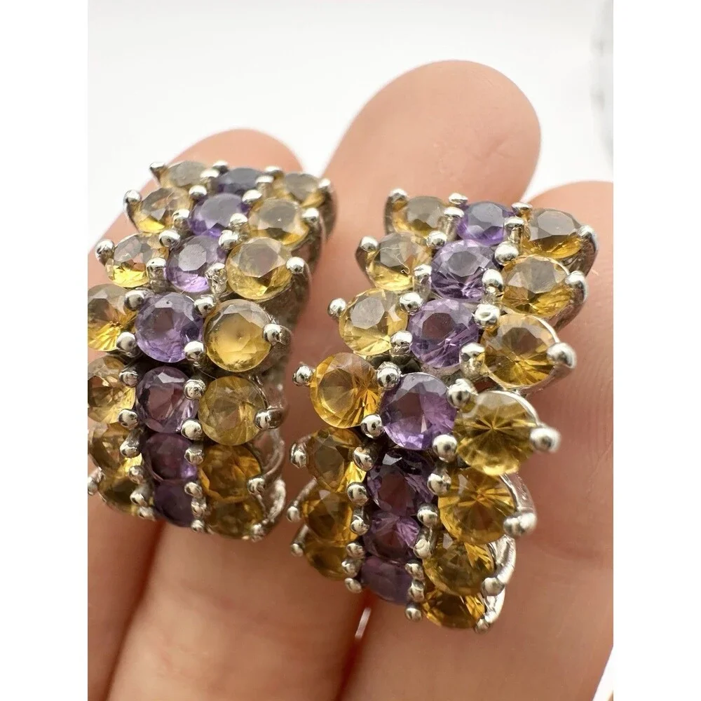 925 Sterling Silver Citrine Amethyst Earrings Half Hoop Post